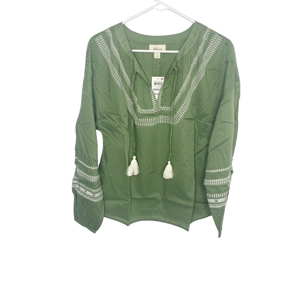 Style & Co. green boho blouse balloon sleeves medium NWT f